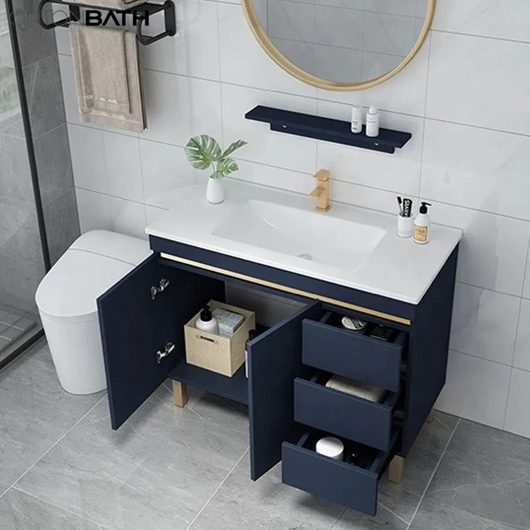 Ortonbath Modern Flooring Standing Ceramic Sink Blue Bathroom Wood Vanity Unit Cabinet Artificial Stone Bathroom Furniture with Gold Metal Handles LED Mirror