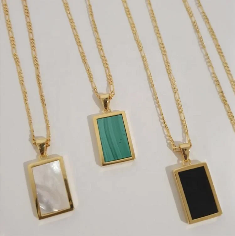 18K Gold Rectangle Abalone Black Onyx Malachite Mother of Pearl Necklace